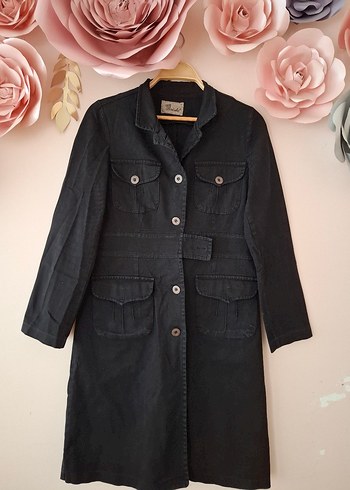 Düğmeli Siyah Uzun Denim Kadın Trençkot