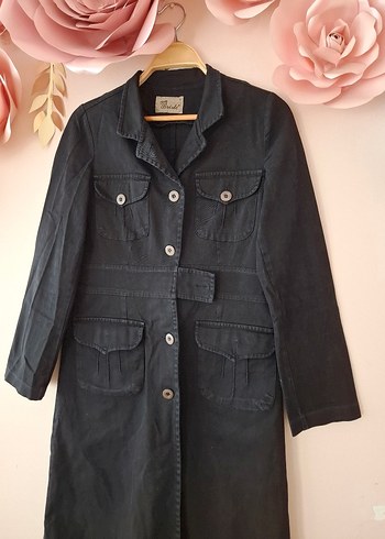 s Beden Düğmeli Siyah Uzun Denim Kadın Trençkot