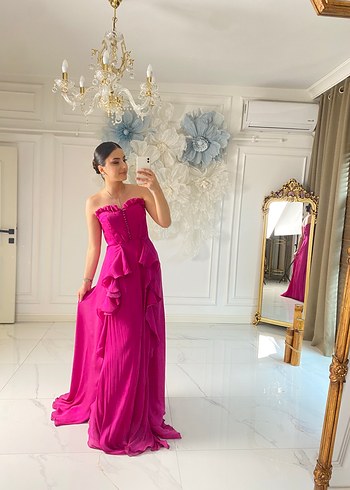 Penti Pembe Drapeli Straplez Uzun Abiye Elbise