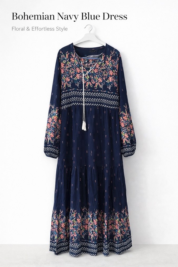 Püsküllü Nakışlı Bohem Lacivert Elbise - Görsel 2
