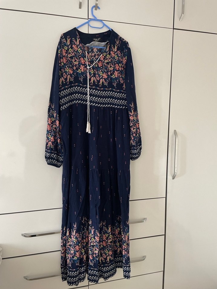 Püsküllü Nakışlı Bohem Lacivert Elbise - Görsel 4