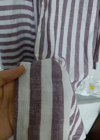 Diğer Çizgili, Uzun Kollu, Bol Kesim Keten Gömlek