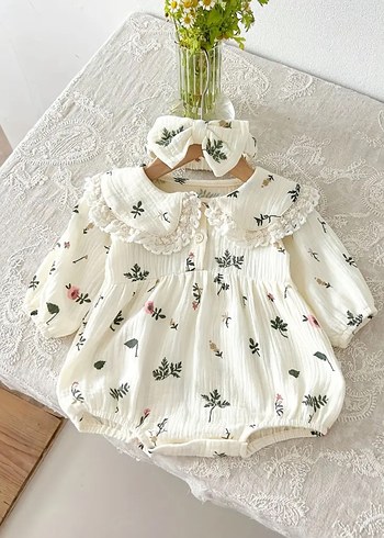 Dantel Detaylı Beyaz Nakışlı Bebek Tulum