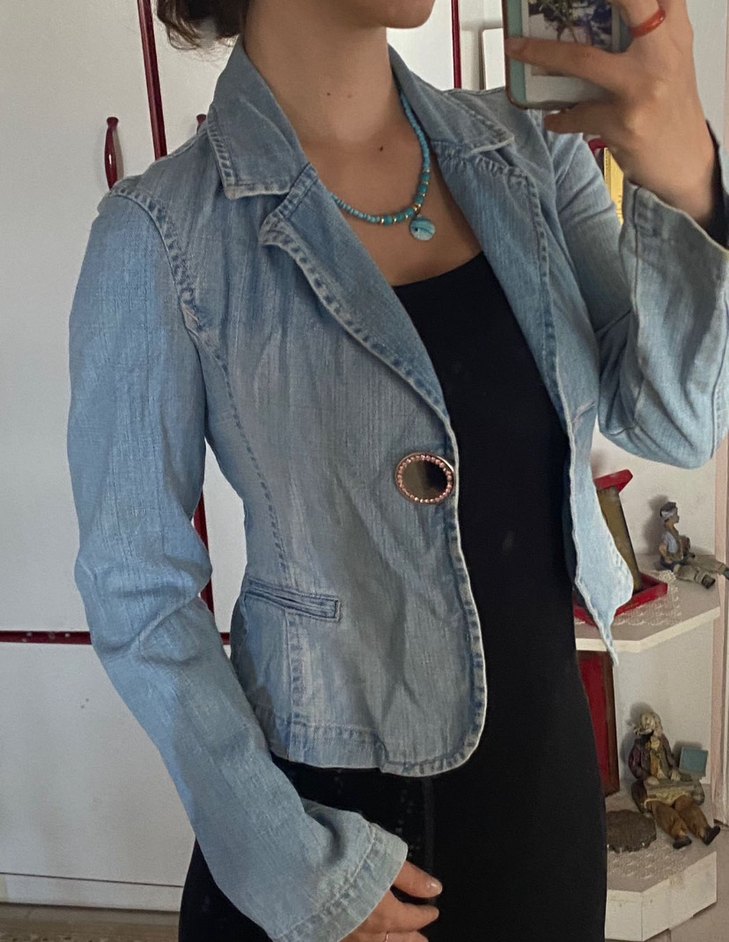 Düğmeli Kadın Kot Ceket, Normal Boy, Mavi - Görsel 3