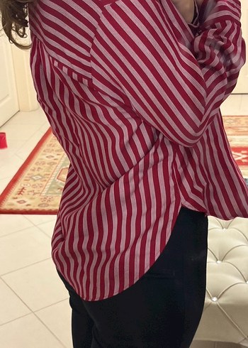 Kırmızı Çizgili Düğmeli Kadın Gömlek - Görsel 2