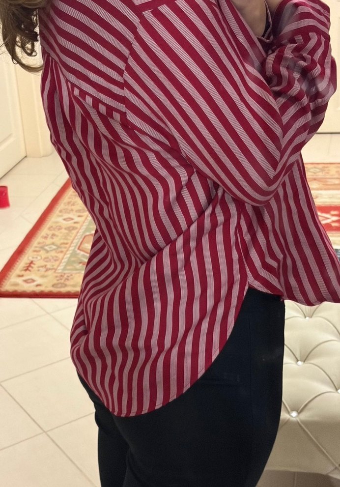 Kırmızı Çizgili Düğmeli Kadın Gömlek - Görsel 2