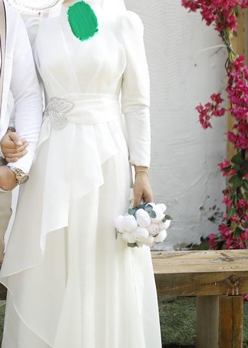 Uzun Kollu Drapeli Beyaz Düğün Elbisesi nikah elbisesi 36 38 bdn
