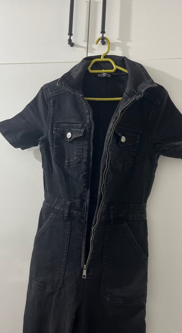 Kemerli Siyah Denim Kadın Tulum - Görsel 2