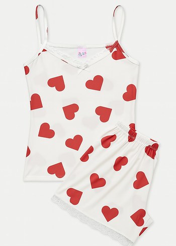 Kalp Desenli Beyaz Mini Kadın Pijama Takımı