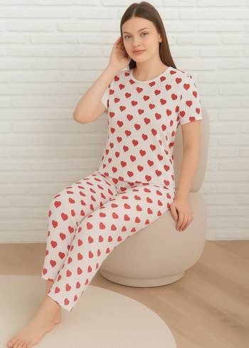 Diğer Kısa Kollu Kalp Desenli Pijama Takımı