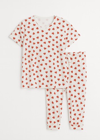 Kısa Kollu Kalp Desenli Pijama Takımı