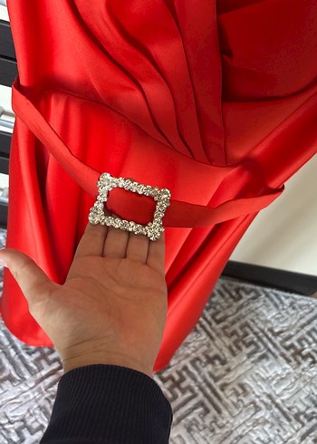 Nar çiçeği  Drapeli Midi Abiye Elbise - Görsel 3