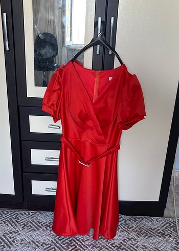 Nar çiçeği  Drapeli Midi Abiye Elbise - Görsel 2