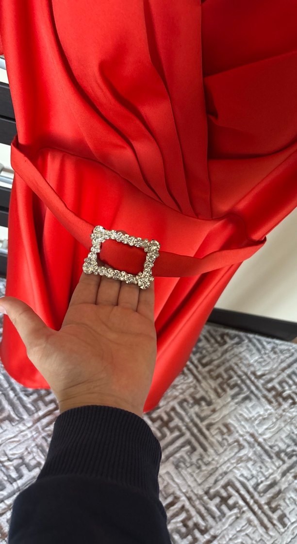 Nar çiçeği  Drapeli Midi Abiye Elbise - Görsel 3