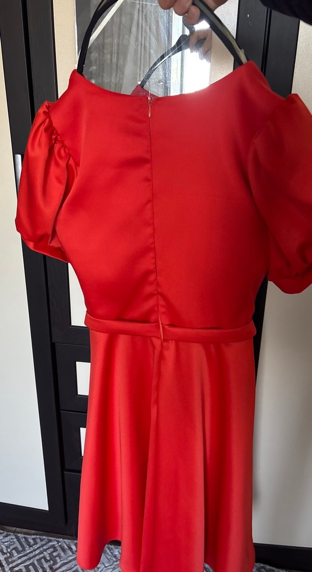 Nar çiçeği  Drapeli Midi Abiye Elbise - Görsel 4