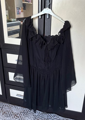 Siyah tül midi boy straplez yaka ve uzun kol tül şeklimde - Görsel 2