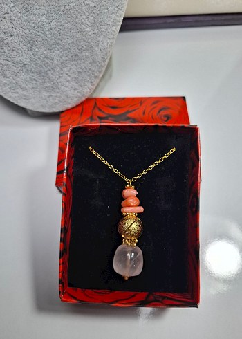 Pembe kuvars Mercan konbin tasarım kolye - Görsel 4