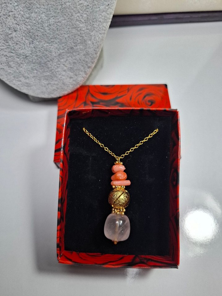 Pembe kuvars Mercan konbin tasarım kolye - Görsel 4