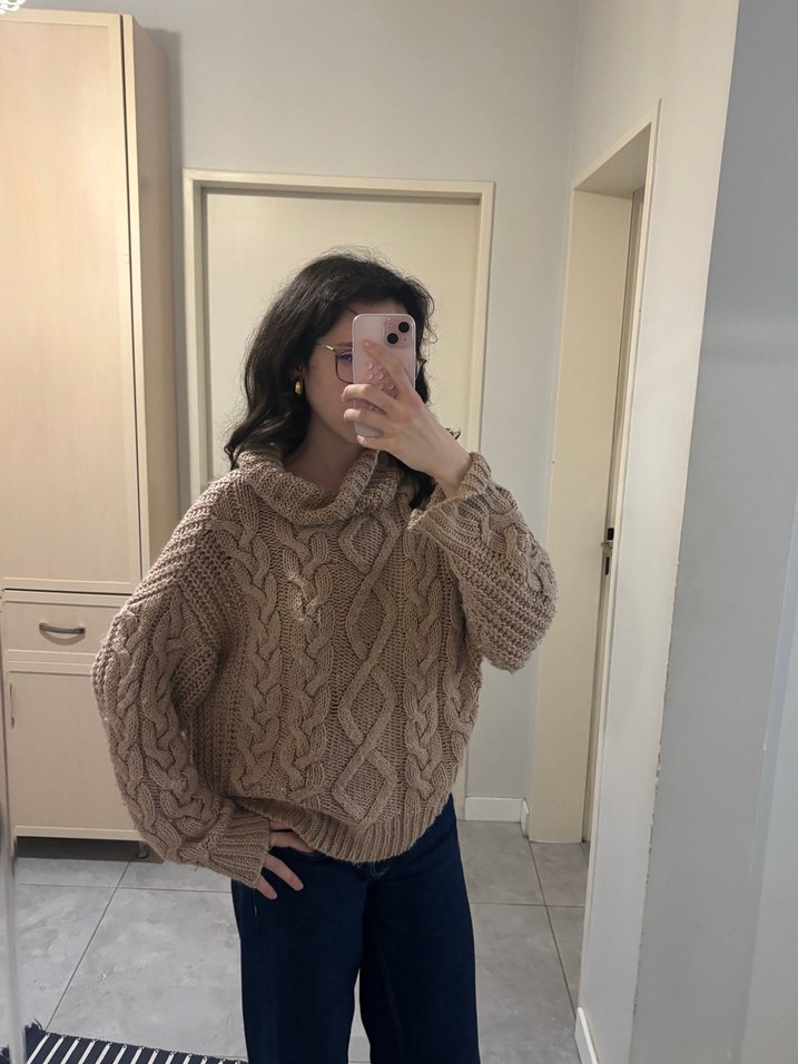 Krem Bej Örgü Boğazlı Salaş Kazak - Görsel 2