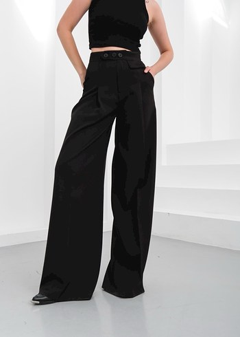 Düğmeli Siyah Kadın Kumaş Pantolon - Görsel 2