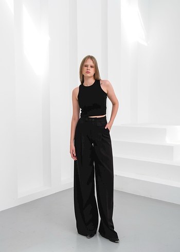 Düğmeli Siyah Kadın Kumaş Pantolon - Görsel 3