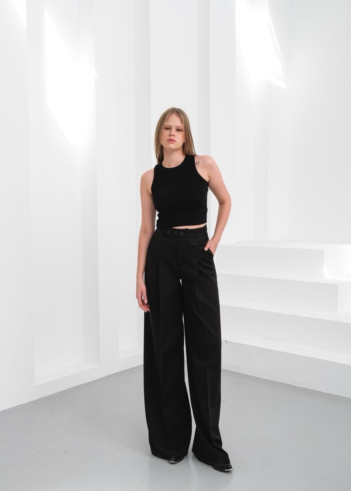 Düğmeli Siyah Kadın Kumaş Pantolon - Görsel 3