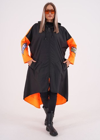 Siyah Turuncu Uzun Salaş Street Style Yağmurluk - Görsel 4