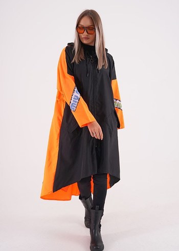 Siyah Turuncu Uzun Salaş Street Style Yağmurluk - Görsel 2