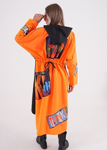 Siyah Turuncu Uzun Salaş Street Style Yağmurluk - Görsel 5