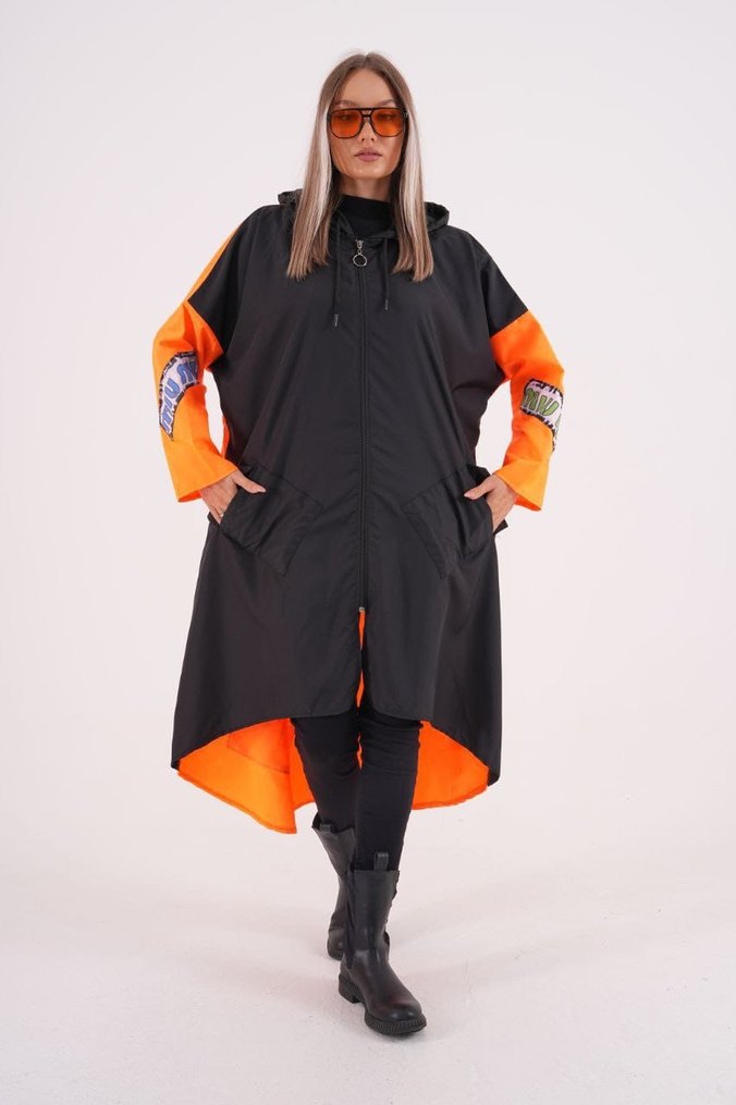Siyah Turuncu Uzun Salaş Street Style Yağmurluk - Görsel 4