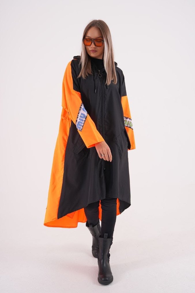 Siyah Turuncu Uzun Salaş Street Style Yağmurluk - Görsel 2