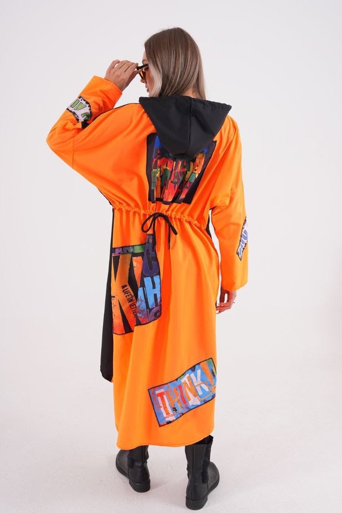 Siyah Turuncu Uzun Salaş Street Style Yağmurluk - Görsel 5