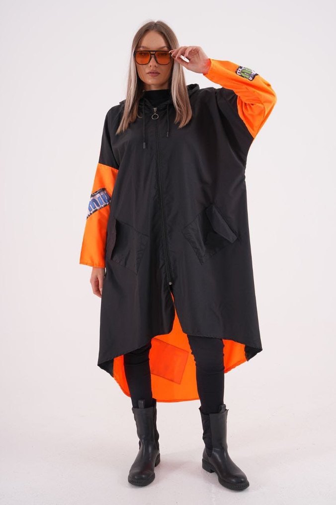 Siyah Turuncu Uzun Salaş Street Style Yağmurluk - Görsel 3