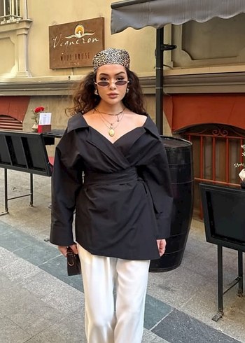 Siyah Drapeli Uzun Kadın Tunik gömlek - Görsel 2