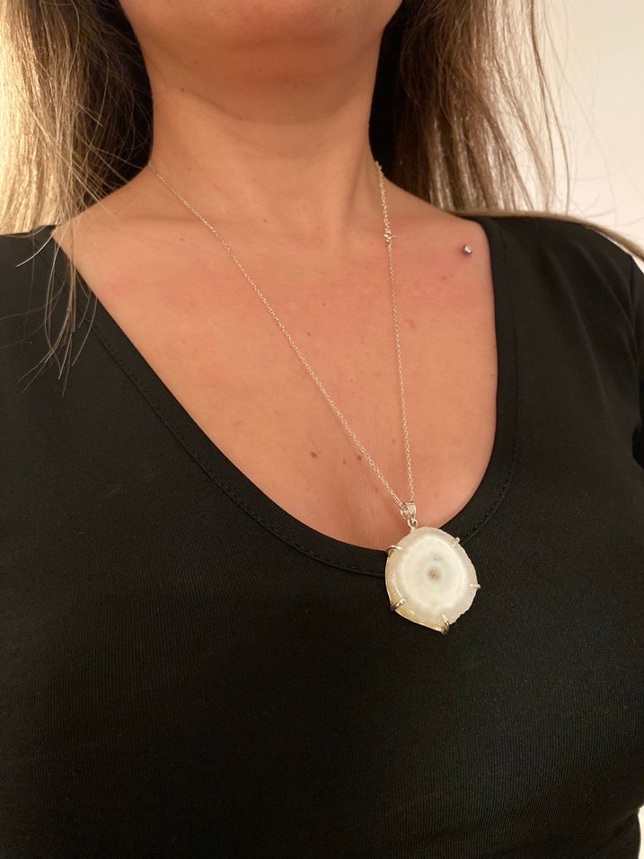 Diger Zincir Detaylı Beyaz Solare Kuvars Doğal Taş Bohem Kolye - Görsel 4