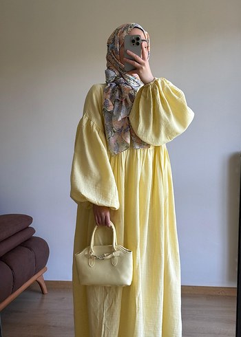 Sarı Tesettür Müslin Elbise