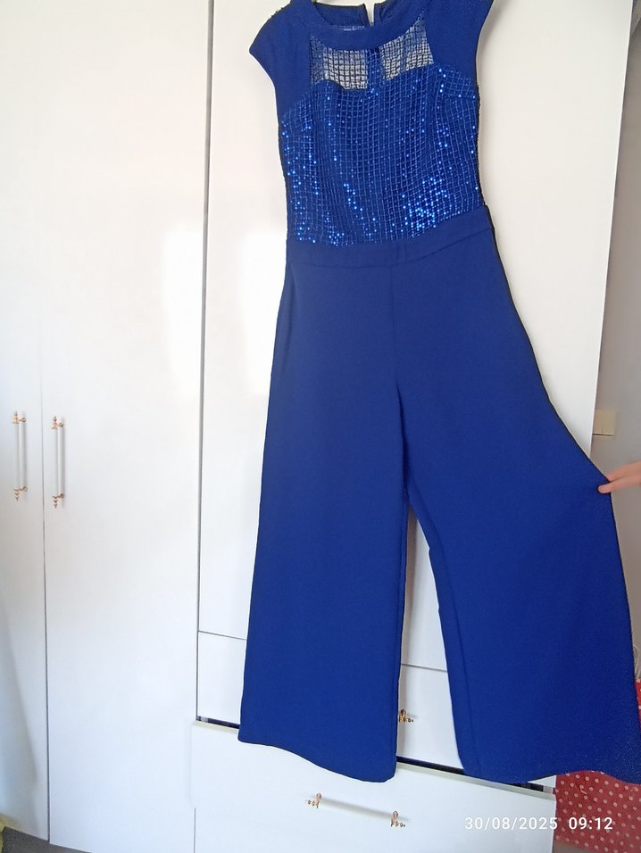 Mavi Parlak Drapeli Kadın Tulum - Görsel 2