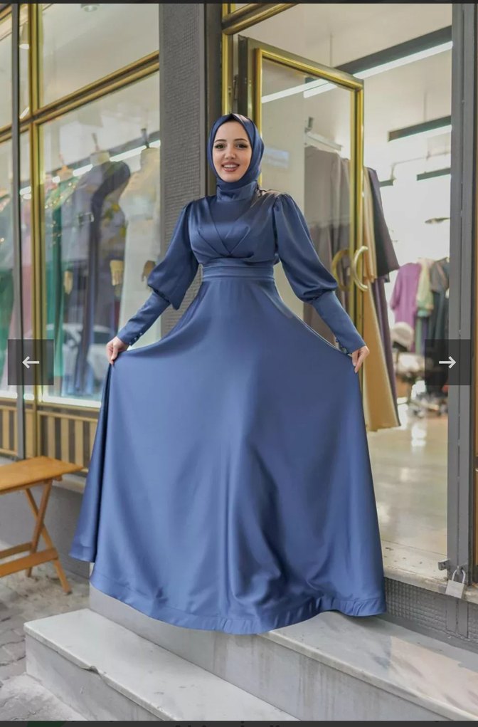 Uzun Kollu Mavi Drapeli Uzun Elbise - Görsel 3