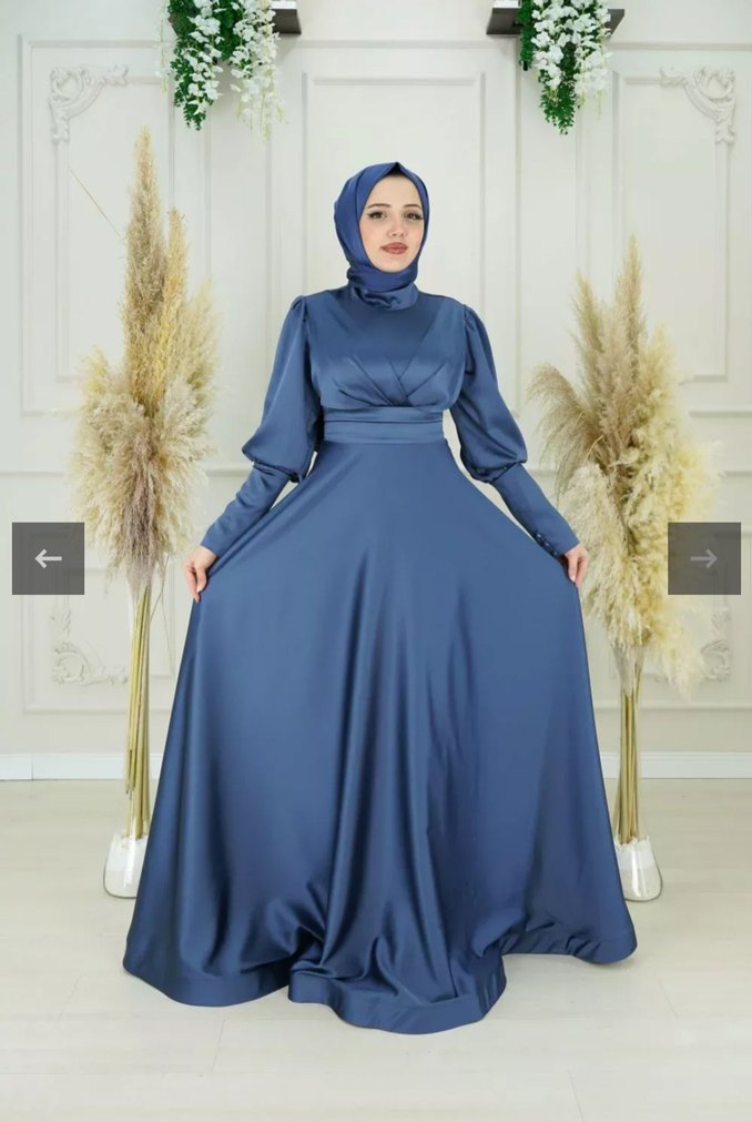 Uzun Kollu Mavi Drapeli Uzun Elbise - Görsel 5