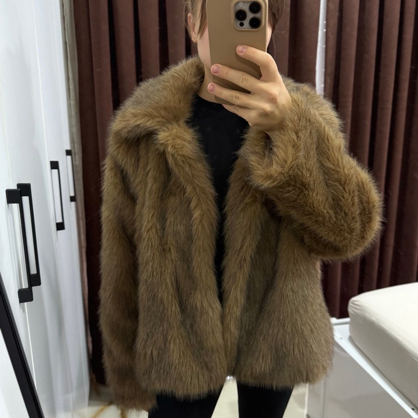 Kahverengi Midi Boy Kadın Suni Kürk Ceket - Görsel 4