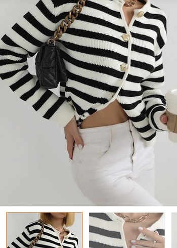 Düğmeli Çizgili Midi Kadın Hırka - Görsel 3