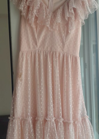 Pembe V Yaka Fırfırlı Midi Elbise - Görsel 2