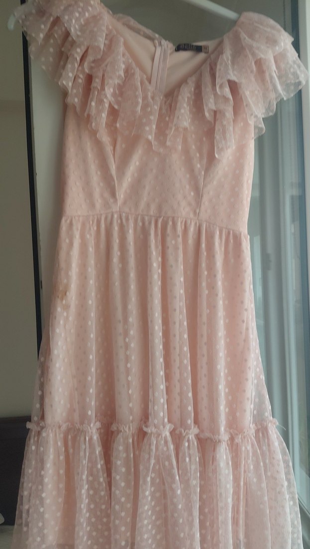 Pembe V Yaka Fırfırlı Midi Elbise - Görsel 2