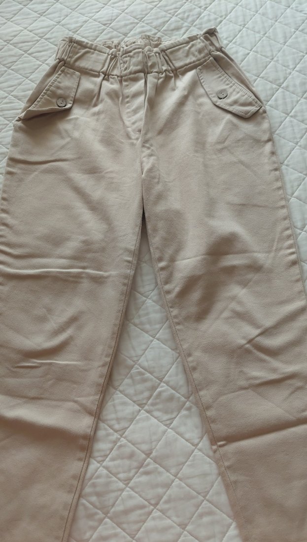 Düğmeli Bej Keten Kadın Pantolon havuc - Görsel 3