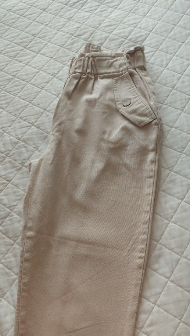Düğmeli Bej Keten Kadın Pantolon havuc - Görsel 5