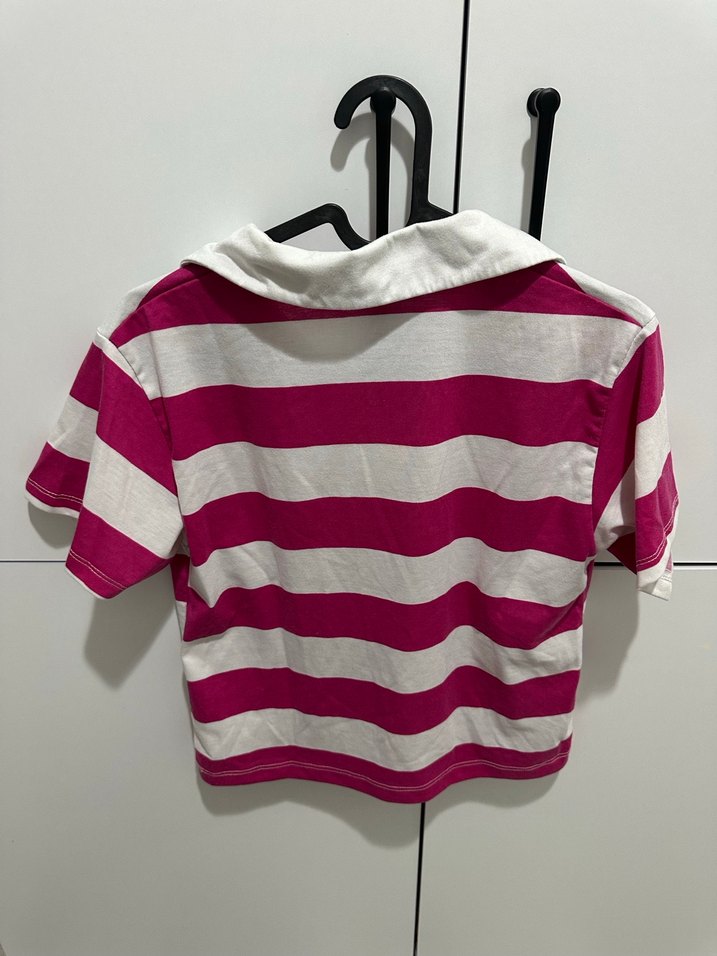 Pembe Çizgili Kısa Kollu Polo Yaka Tişört - Görsel 2