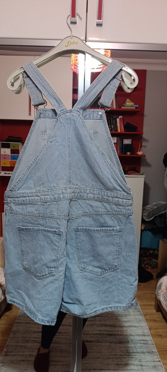 Kadın Kot Şort Tulum, Rahat Kesim, Askılı - Görsel 3