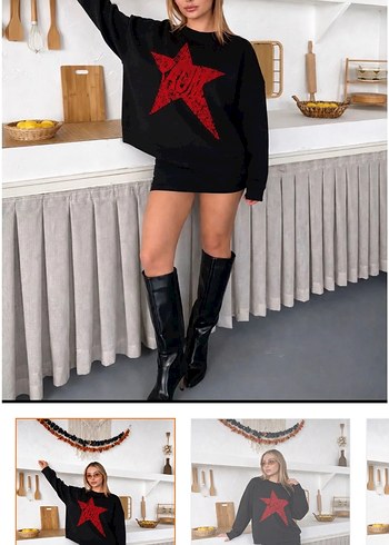Trendyol & Milla Kirmizi Yildizli Siyah Oversize Sweatshirt