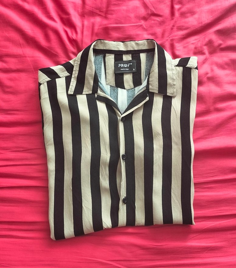 Bej Siyah Çizgili Kısa Kollu Erkek Gömlek - Görsel 2