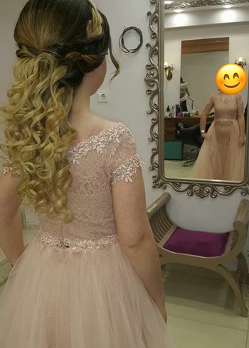 Abiye Pudra Pembe Dantel İşlemeli Uzun Abiye Elbise